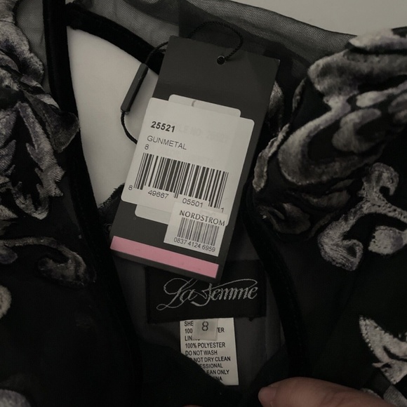 NWT $538 La Femme [ 8 ] Burnout‎ Velvet Column Gown in Black/Gunmetal - Picture 5 of 14